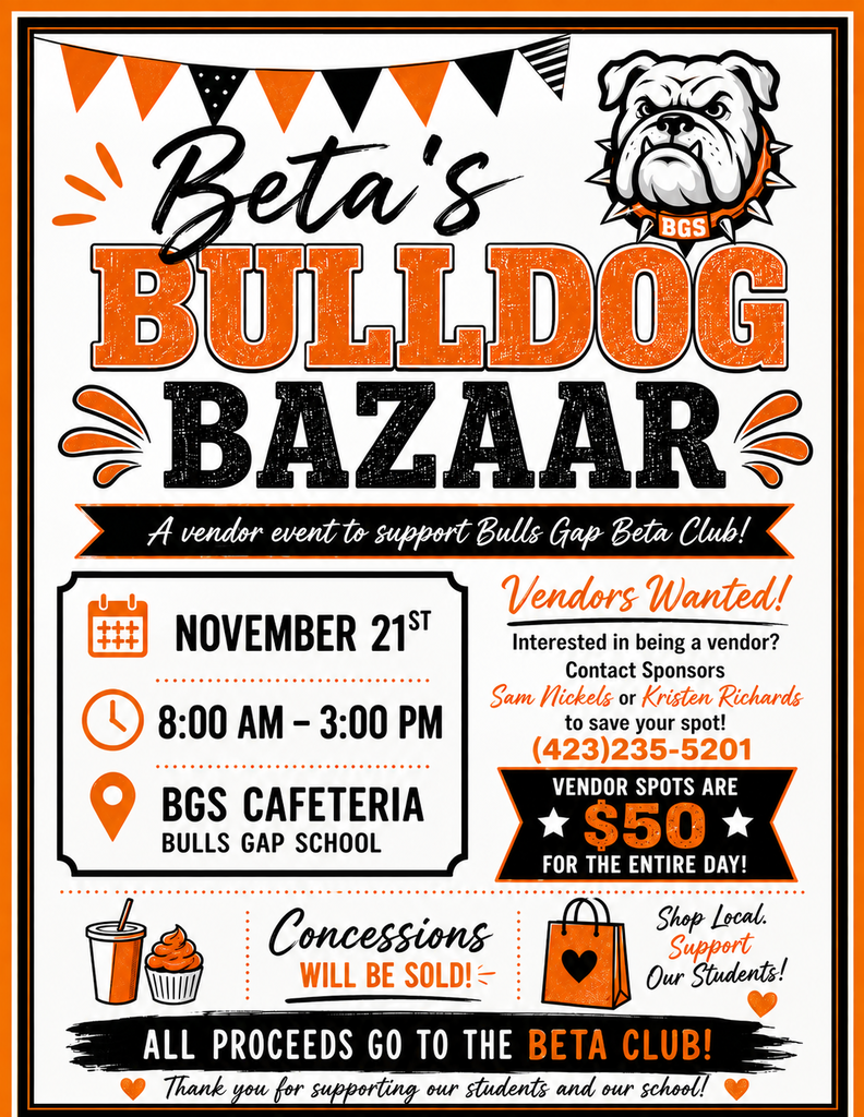 Black and orange flyer displays "Beta's BULLDOG BAZAAR" with bulldog logo. Details include date, time, and location, and vendor spots are available.