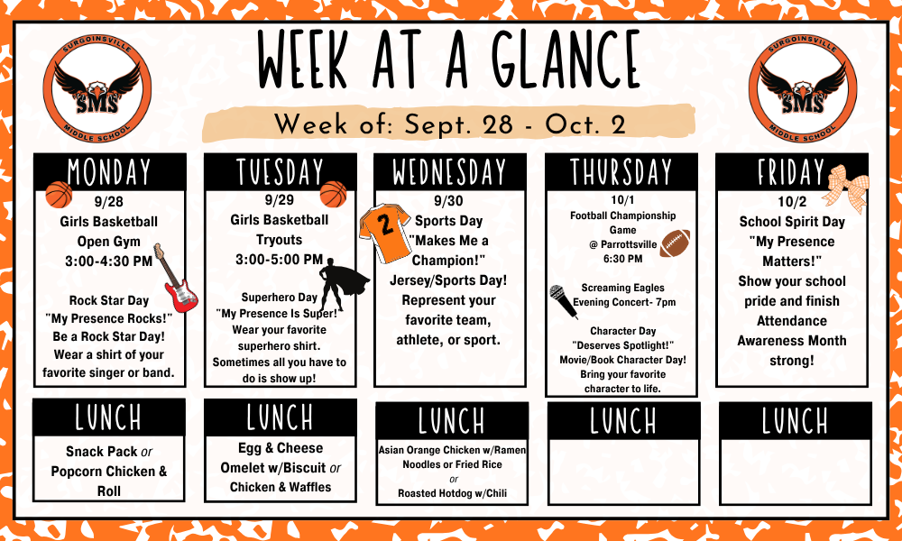 Black-and-orange poster with white text. It lists weekly activities from Sept. 28 to Oct. 2.
