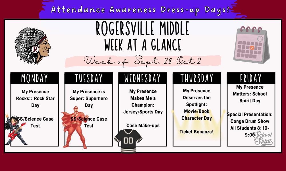 Week of Sept. 28-Oct. 2: Rogersville Middle School. Days listed with special themes and dates for each day.