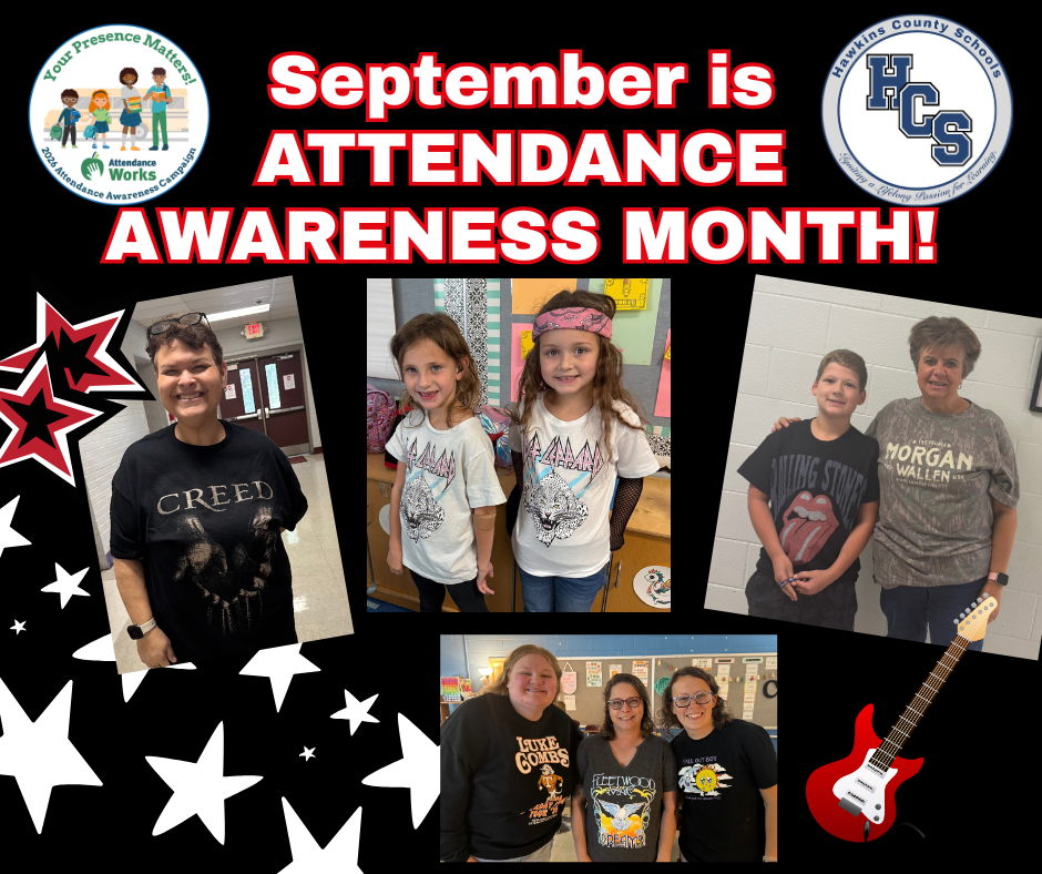 Collage of smiling children and adults, one holding a guitar. Text reads "September is Attendance Awareness Month!" Logo present.