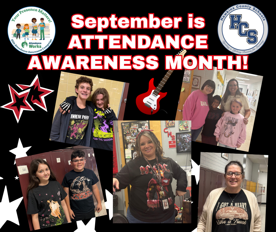 A collage with people and a guitar. Text reads "September is Attendance Awareness Month!" Red stars, white stars, and a guitar on black background.