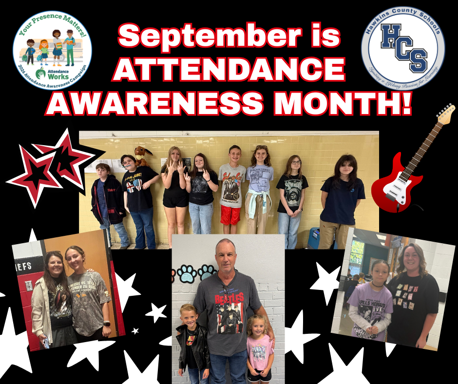 A poster highlights "September is Attendance Awareness Month!" with images of a family and a band.