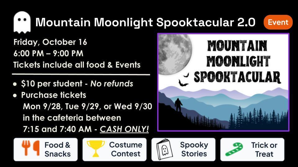 Display showing a Halloween event. The title is "Mountain Moonlight Spooktacular 2.0." Details include date, time, and ticket price.