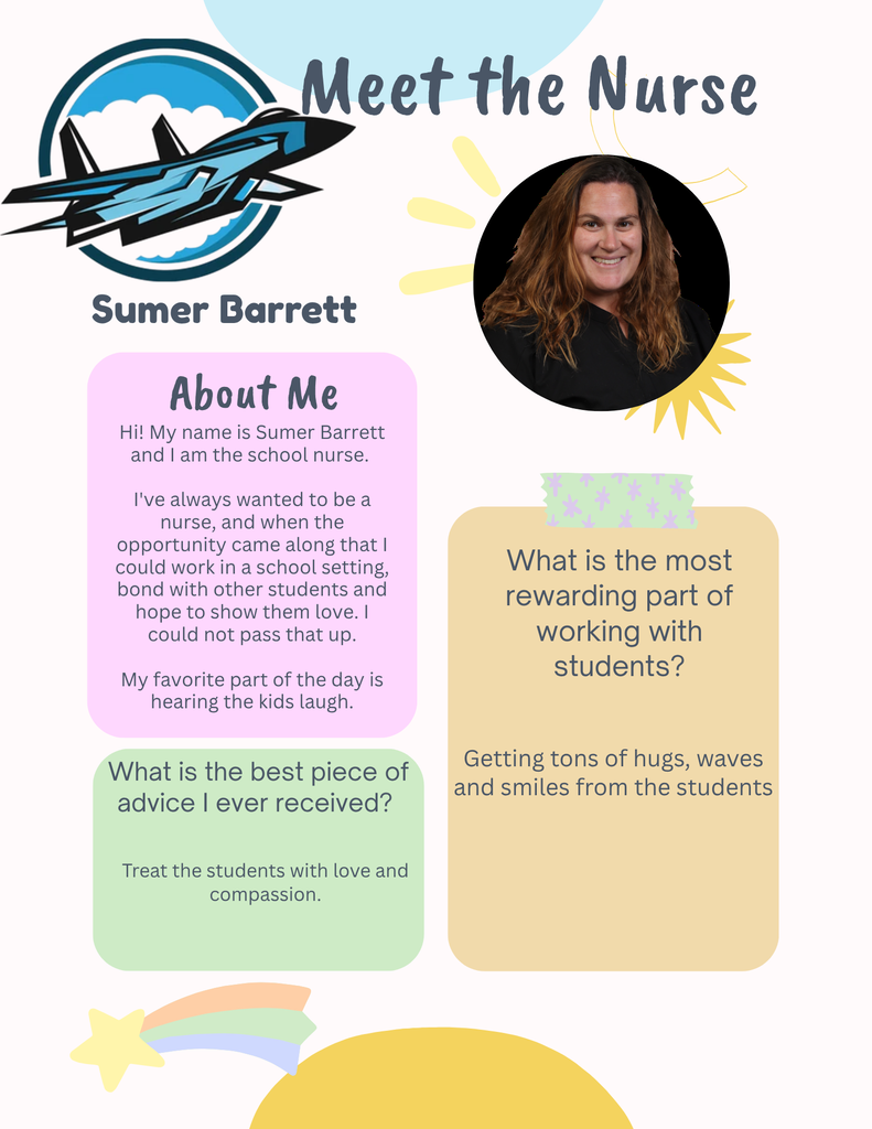 A flyer titled "Meet the Nurse" displays a smiling woman named Sumer Barrett, with a jet icon. Text asks about the most rewarding part of working with students.