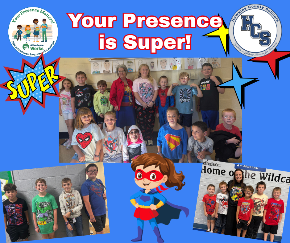 Group of children in various outfits pose for a photo with a superhero. Text reads "Your Presence is Super!"