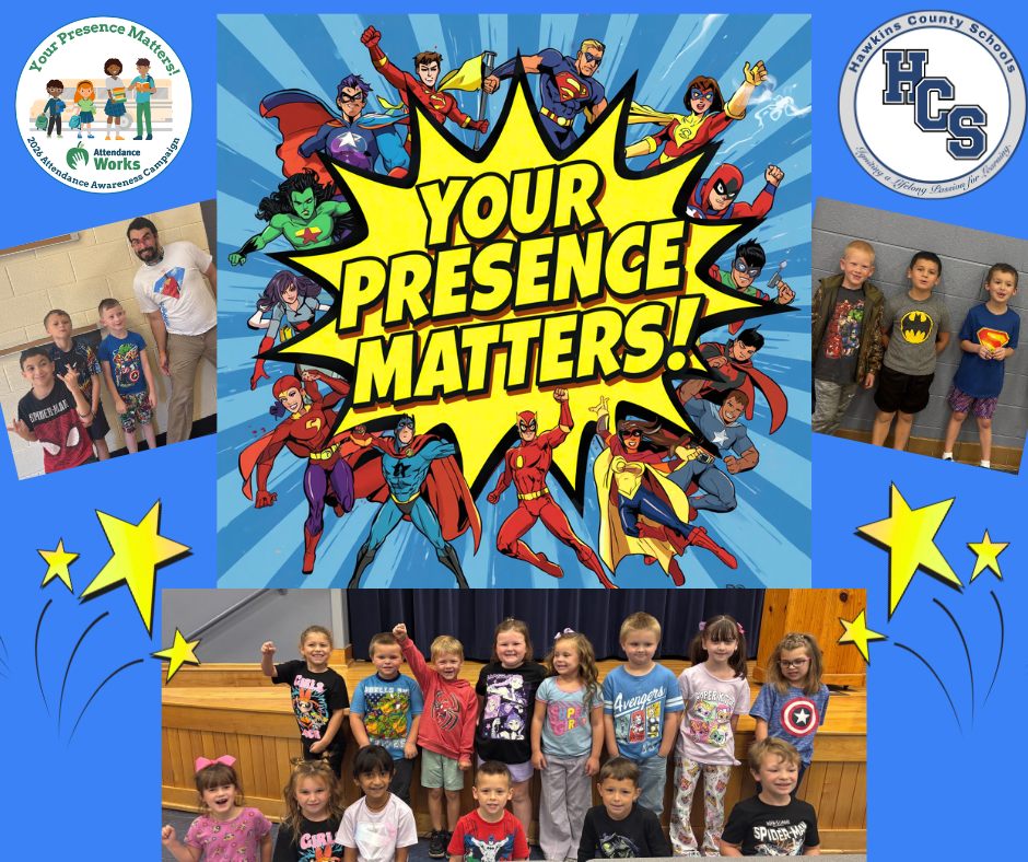 Group of children with a central superhero illustration and text "Your Presence Matters!" on a blue background.