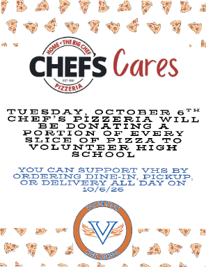 An announcement of Chef's Pizzeria donating a portion of sales to Volunteer High School. It includes pizza slices and a circular logo.