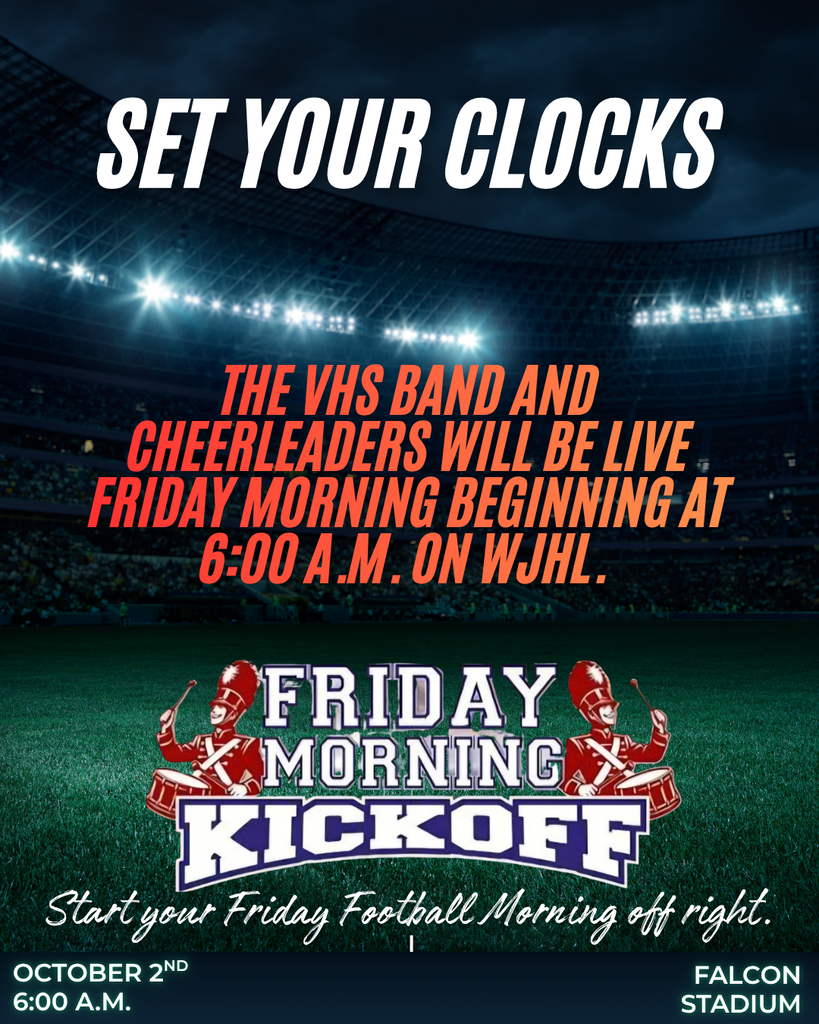 Poster for Friday Morning Kickoff shows the time as 6:00 AM. A red drum and a red horn are shown on the poster.