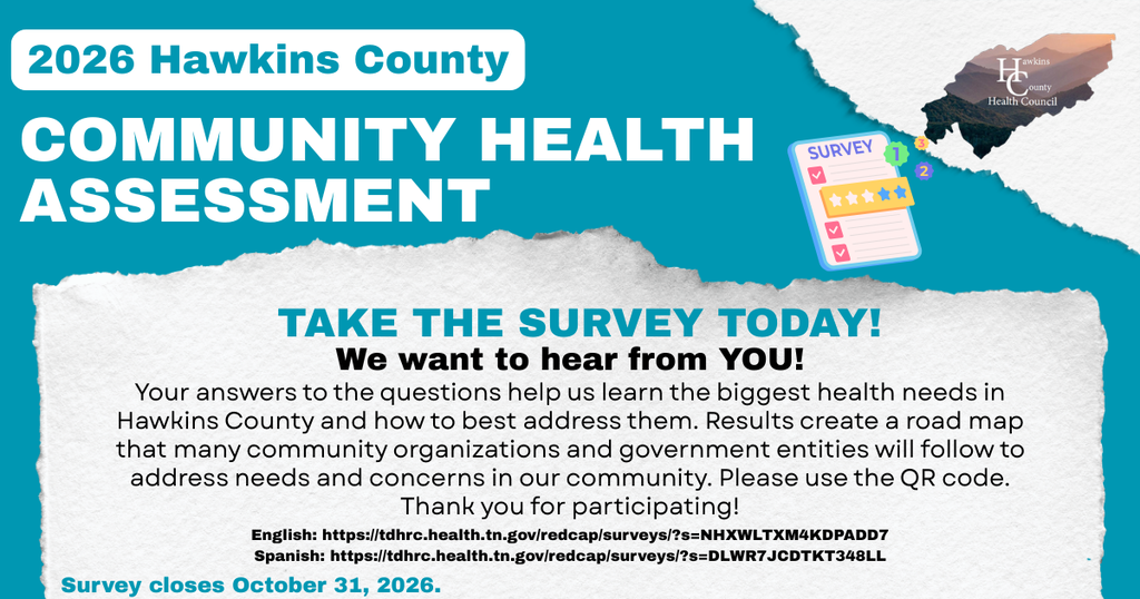 Advertisement for the 2026 Hawkins County Community Health Assessment. Text reads, "Take the survey today!" Includes a link