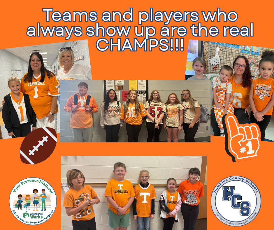 Collage of students wearing orange jerseys with numbers. One photo shows a group of children, another shows a teacher.