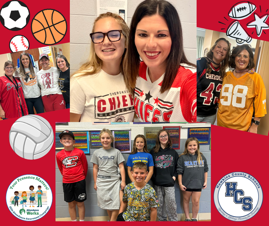 A group photo collage shows smiling women and children. Sports icons and logos are around the collage.