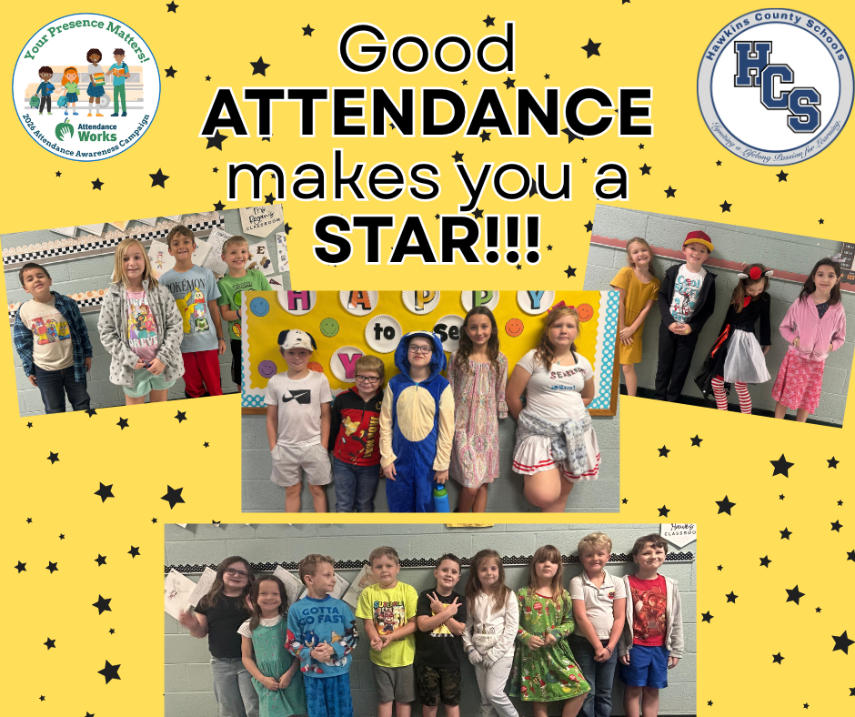 A collage of children dressed in various costumes with the text "Good Attendance makes you a STAR!!!" on a yellow background.