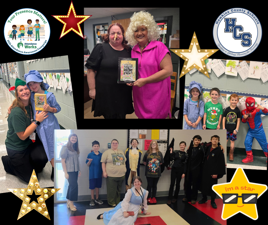 Collage of individuals, including adults and children, in costumes. Some are holding awards and books. Background shows a classroom setting.