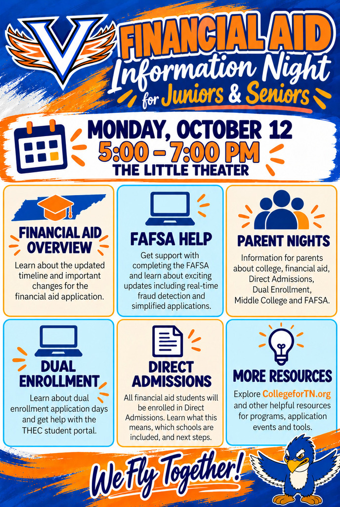 Blue and white event flyer titled "Financial Aid Information Night for Juniors & Seniors". Features sections with headings for financial aid overview, FAFSA help, and more.