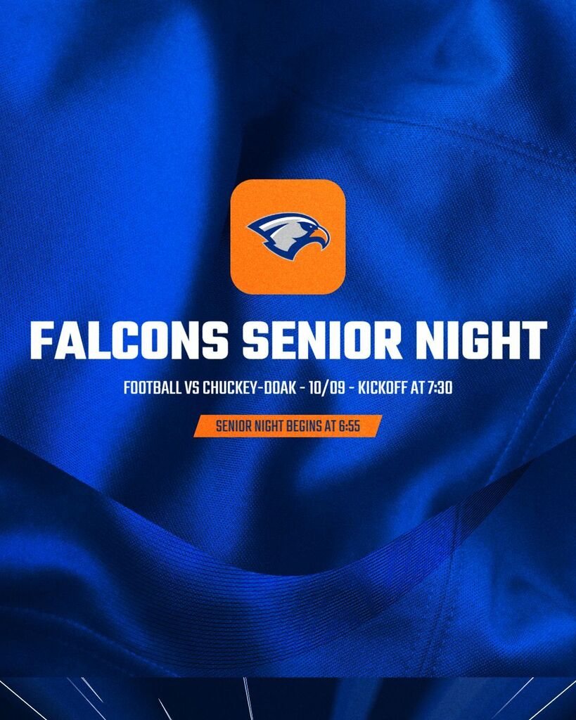 A blue jersey displays an emblem and text "Falcons Senior Night". The logo is orange and features a bird. Text states the event is October 8.