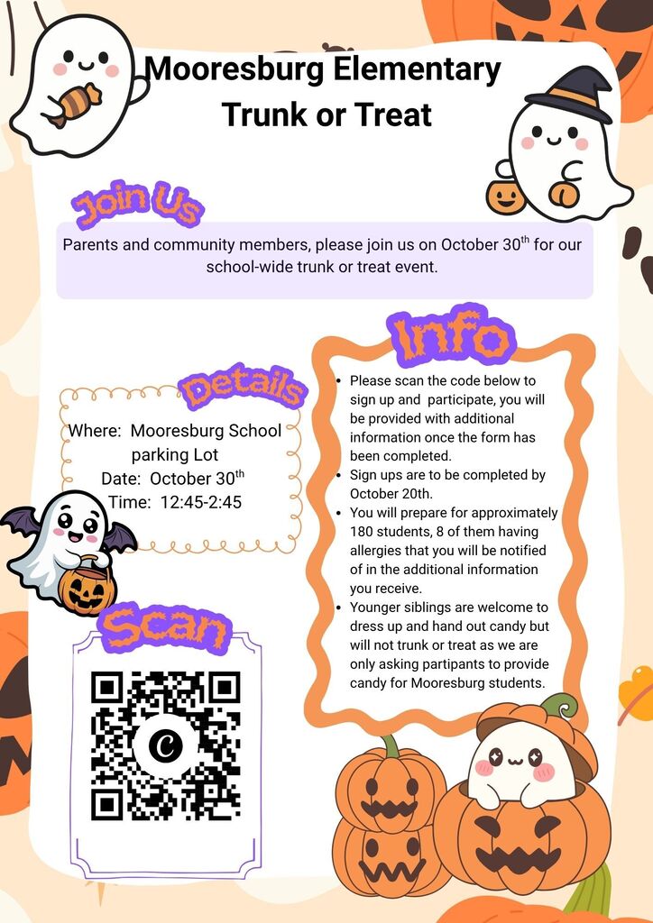 Invitation for a trunk or treat event at Mooresburg Elementary. Date: October 30, Time: 12:45-2:45. QR code for sign-ups.