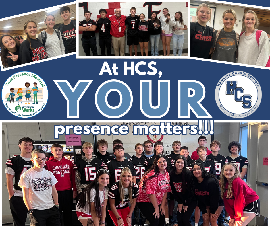 Multiple collages of students in HCS attire. The main text reads "At HCS, YOUR presence matters!!!"