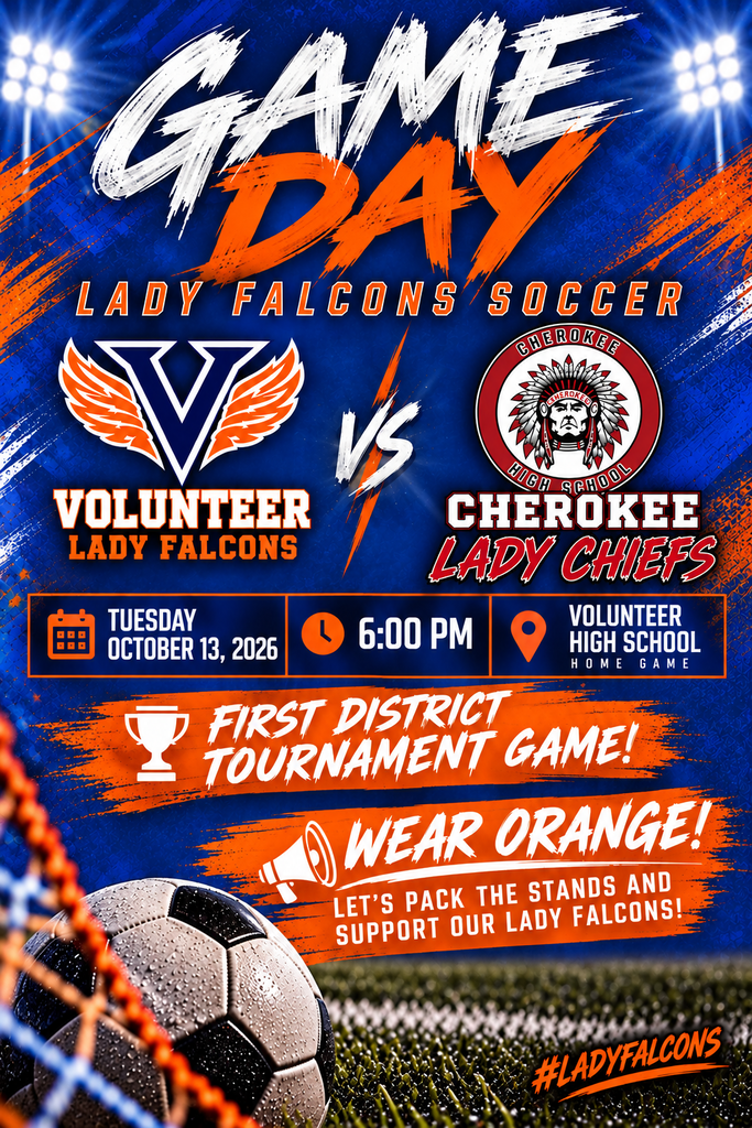 Poster with bold orange and blue colors. A soccer ball and net are at the bottom. "GAME DAY" is in bold.