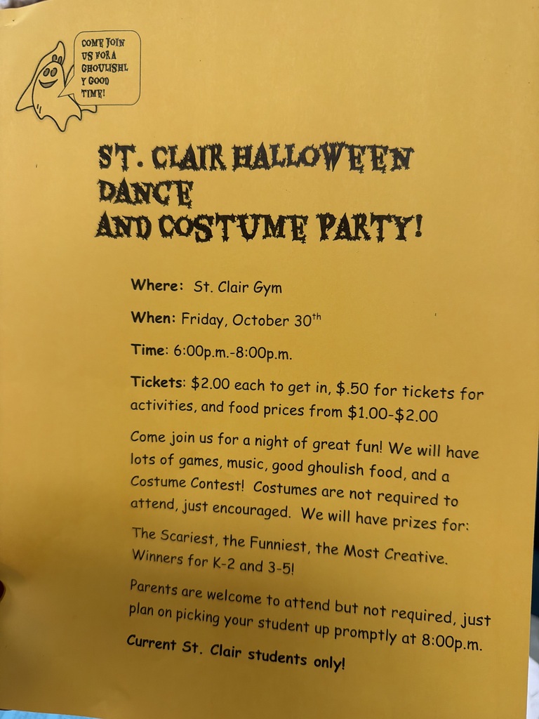 A yellow flyer with black text advertises "St. Clair Halloween Dance and Costume Party." Details include date, time, and ticket prices.