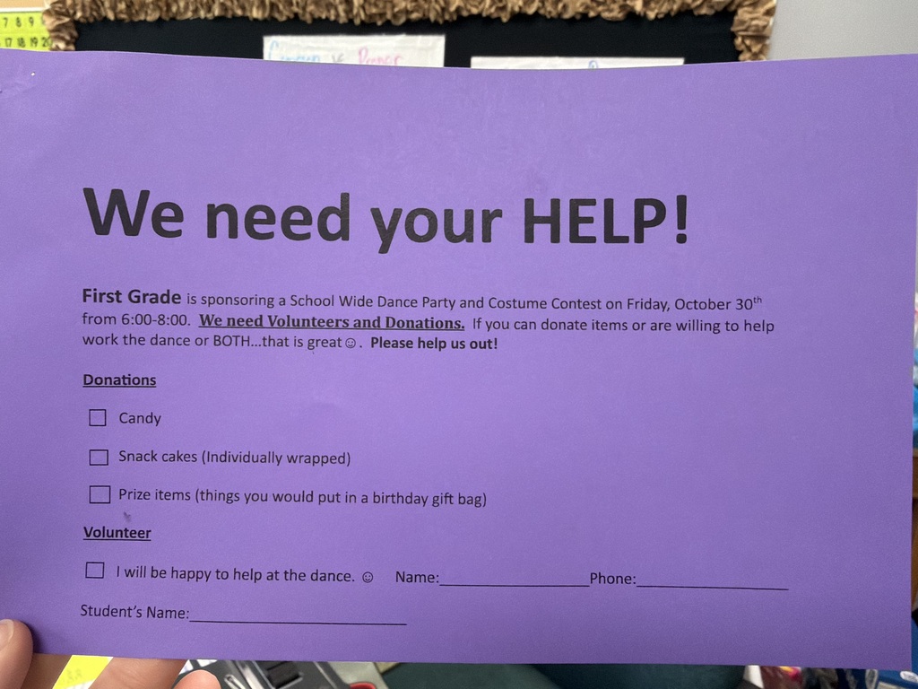 A purple paper held by a person, requesting assistance for a school dance. It lists donation options and volunteer opportunities.