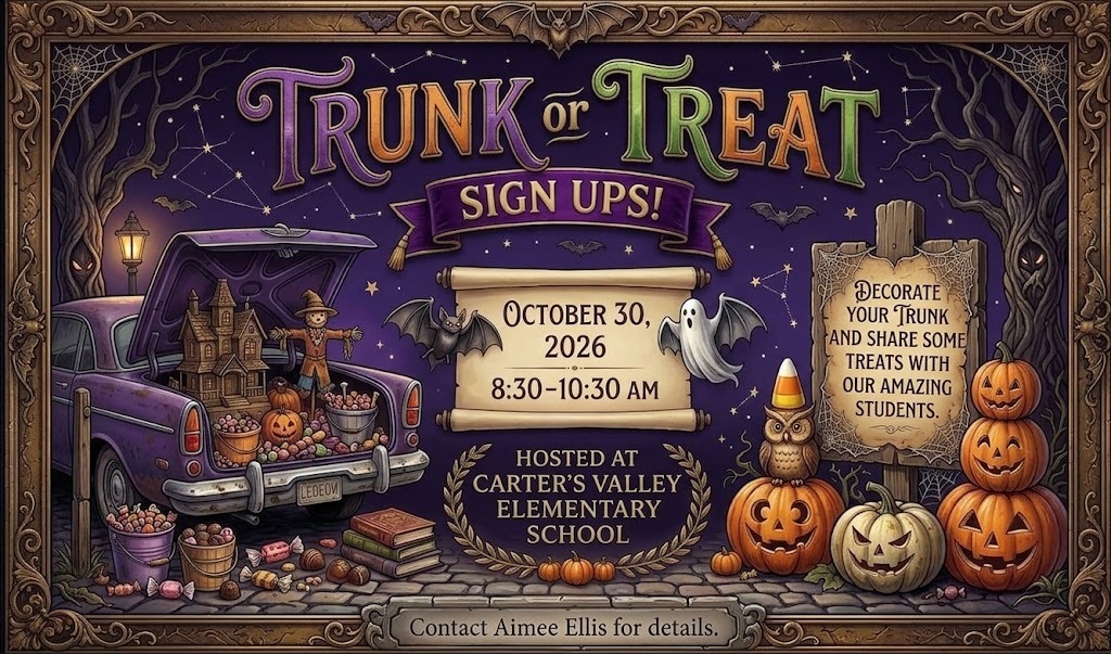A purple backdrop displays "Trunk or Treat" in large, colorful text. An open car trunk with pumpkins. A banner reads "SIGN UP!" and "OCTOBER 30, 2026".
