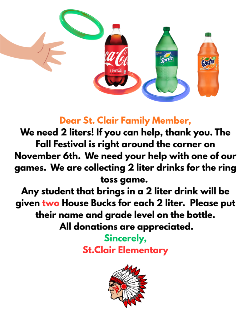 Hand holding a ring toss game with three soda bottles: Coca-Cola, Sprite, and Fanta. Text from St. Clair Elementary requests 2-liter drinks for a fall festival event.