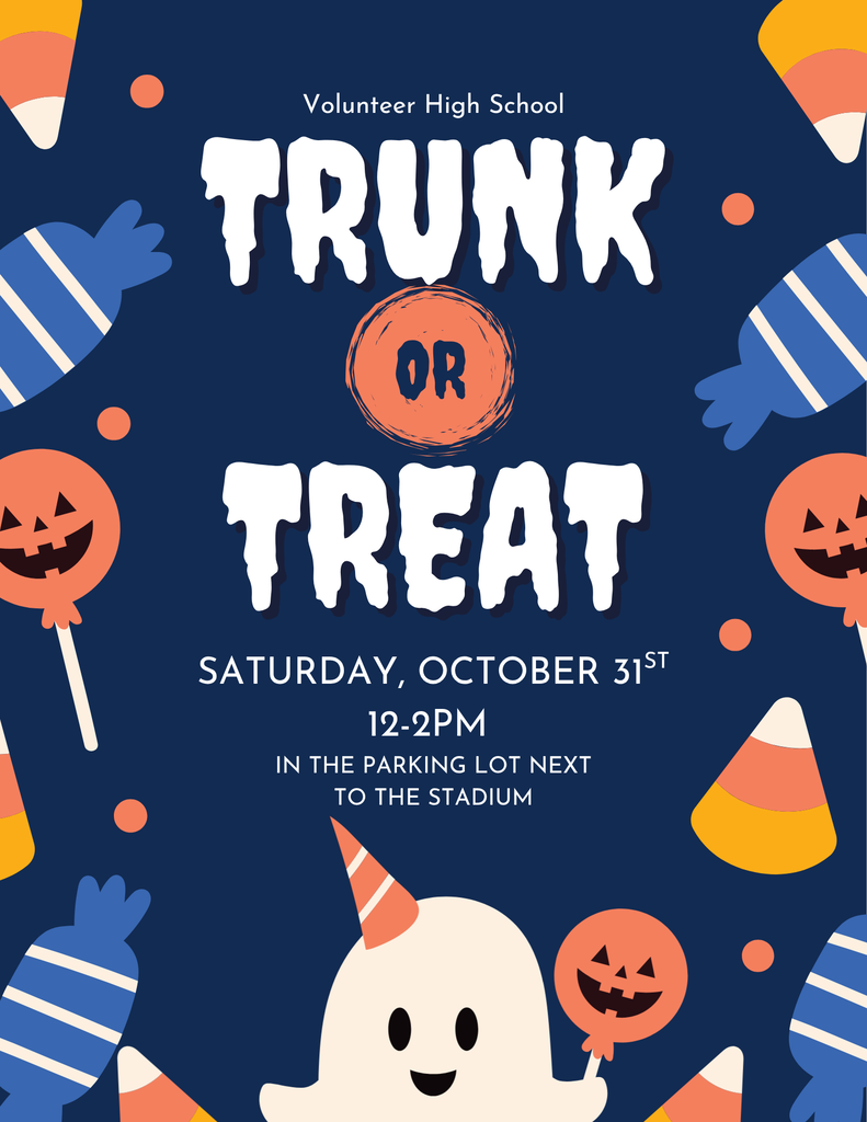 Blue poster with Halloween candies and ghost. "TRUNK OR TREAT" and "SATURDAY, OCTOBER 31ST 12-2PM" in white text. Background has orange and white candy corn.