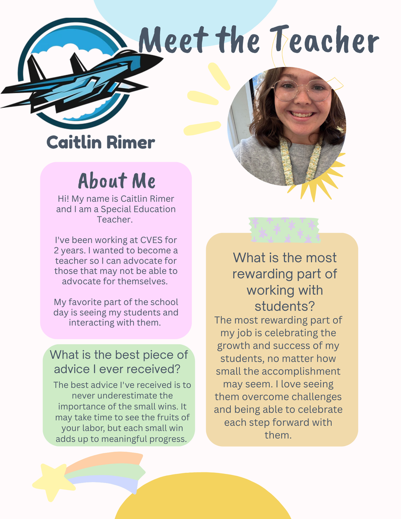 A teacher introduction with photo, name, and text about experience and work, set against a colorful background with shapes and patterns.