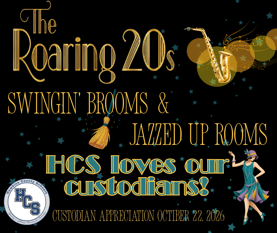 Poster with black background. Words say "The Roaring 20s" and "Swingin' Brooms & Jazzed Up Rooms." Picture of a woman dancing.