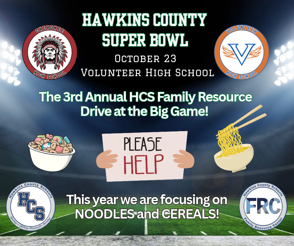 Poster advertising a school event. Bowls of noodles and cereal. A person holds a sign that reads Please Help.
