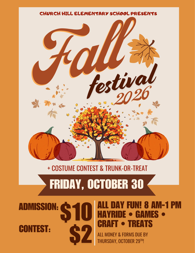 CHES Fall Festival 2026 Friday, October 30th. Admission is $10 dollars for ALL DAY FUN! Costume Contest $2. There will be a Hayride, Games, Crafts, and Treats. All money and forms are due by Thursday October 29th..