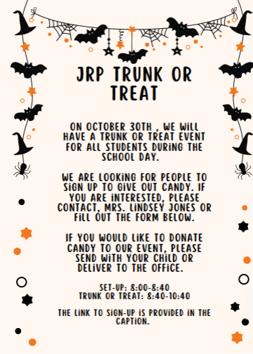 A white page with black text and images of bats, spiders, and stars. An announcement about a trunk or treat event for October 30.
