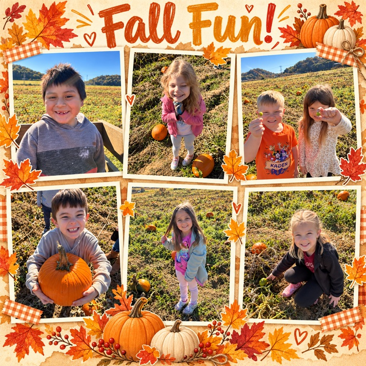 Collage of children at a pumpkin patch. Children in jackets holding pumpkins, leaves, and smiling.