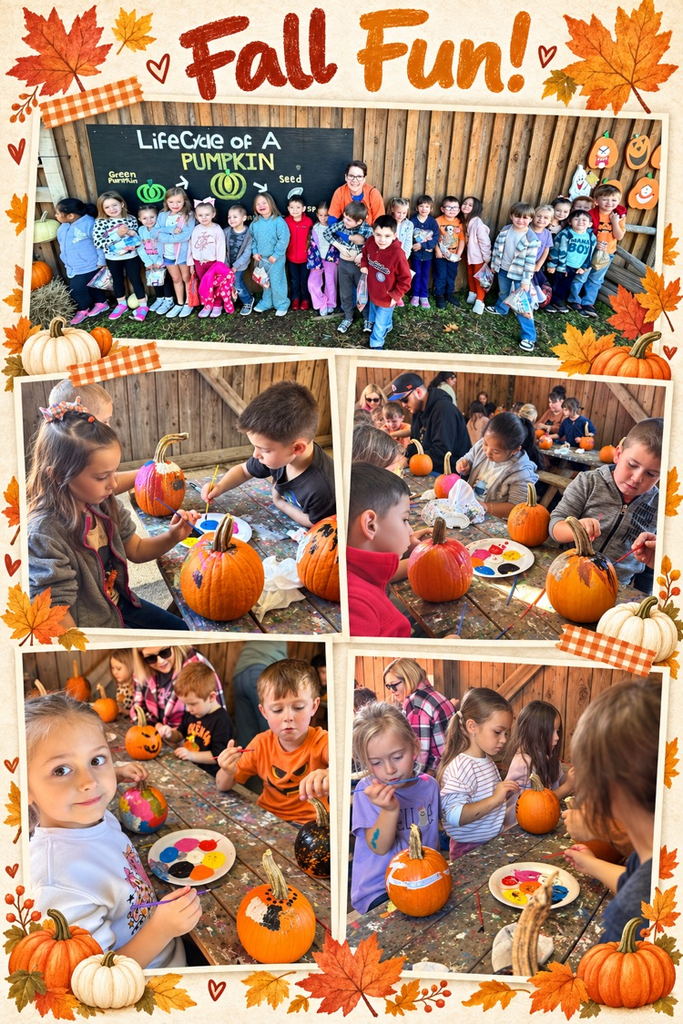 Several photos of children, some in autumnal outfits, decorating pumpkins on a table and on the ground.