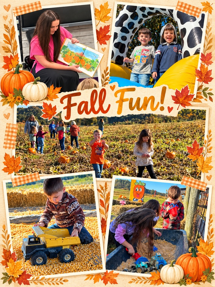 Collage of children in fall setting. Kids in orange and pink shirts, some reading books and others playing with pumpkins.
