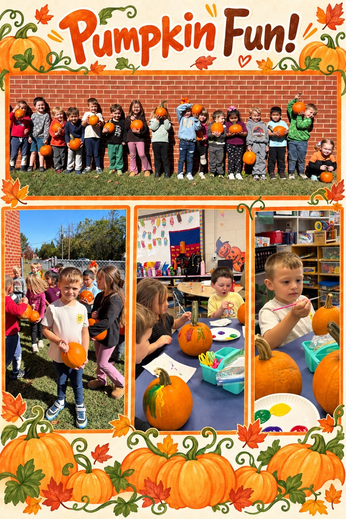 Three photos of students in a classroom and on a field holding pumpkins. Some are decorating them.