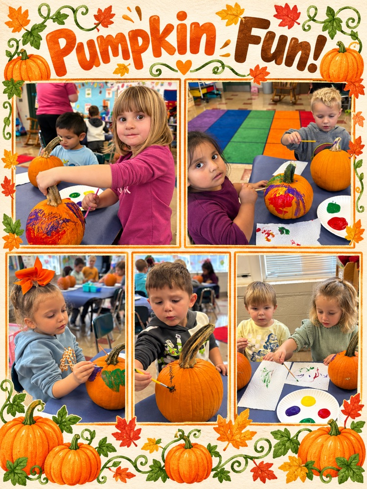 Collage of children in a classroom decorating pumpkins with paint. Pumpkins, paint, and brushes are visible.