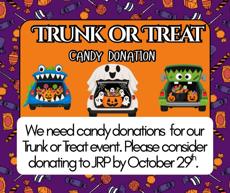 An orange poster asks for candy donations for a Trunk or Treat event. Three colorful cars are filled with candies and Halloween decorations.