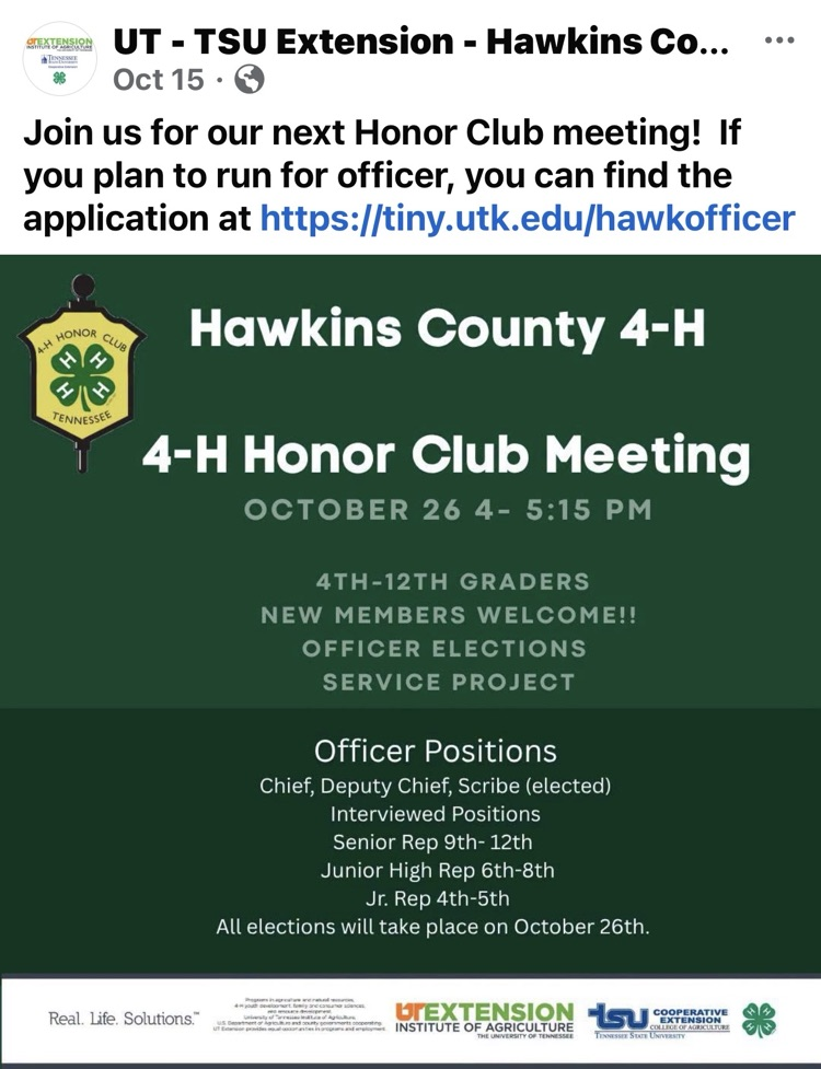 Poster for Hawkins County 4-H Honor Club Meeting on Oct 26. Green background with text including officer positions and Oct 26 date.