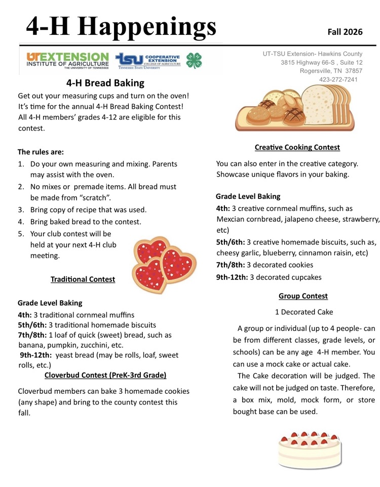 Flyer for a 4-H bread baking event, displaying various bread recipes and contests for different age groups.