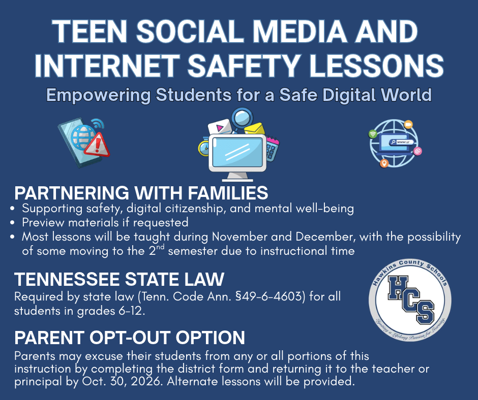 A blue background displays a poster with white text. Icons include a document, globe, and computer. Text includes "Teen Social Media and Internet Safety Lessons" and "Parent Opt-Out Option".
