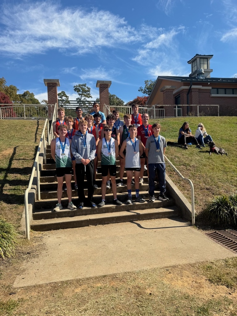 Group of students in sports uniforms standing on concrete steps with medals around their necks.