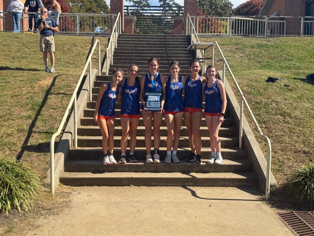 Students in blue uniforms stand on concrete steps with a grassy slope and fence in the background.