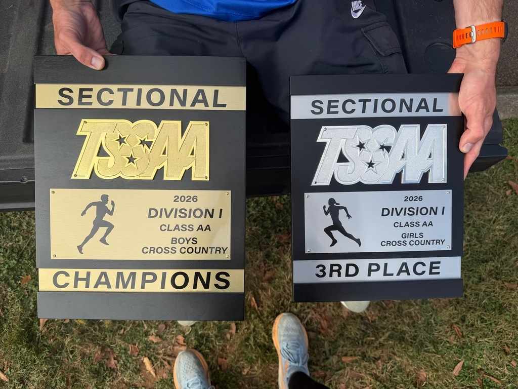 Person holding two plaques, one saying "Sectional Champions" and the other "3rd Place" on a grassy surface.