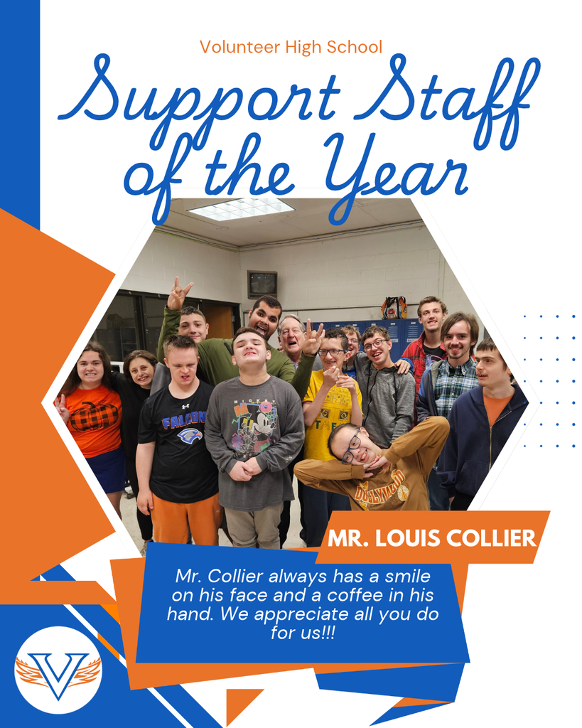 Group of students and teachers in a room. Text reads "Support Staff of the Year" and "Mr. Louis Collier" with a testimonial.