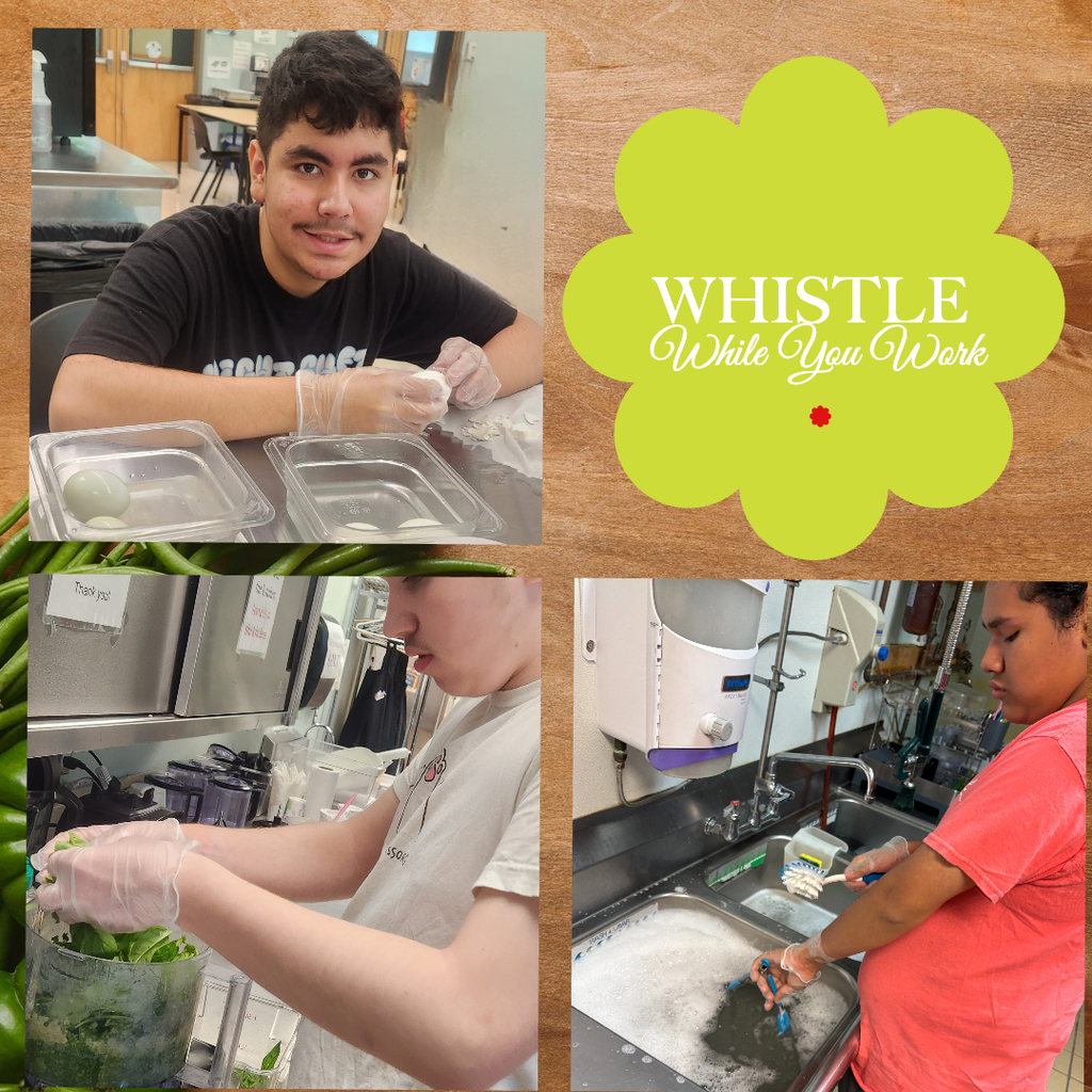 Students completing in-house tasks. Helping in the kitchen, making pesto sauce, and cleaning dishes.