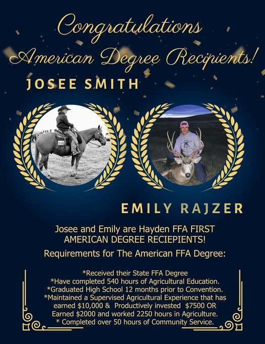 Picture of Josee Smith on her horse and Emily Rajzer with her buck. American Degree Recipients