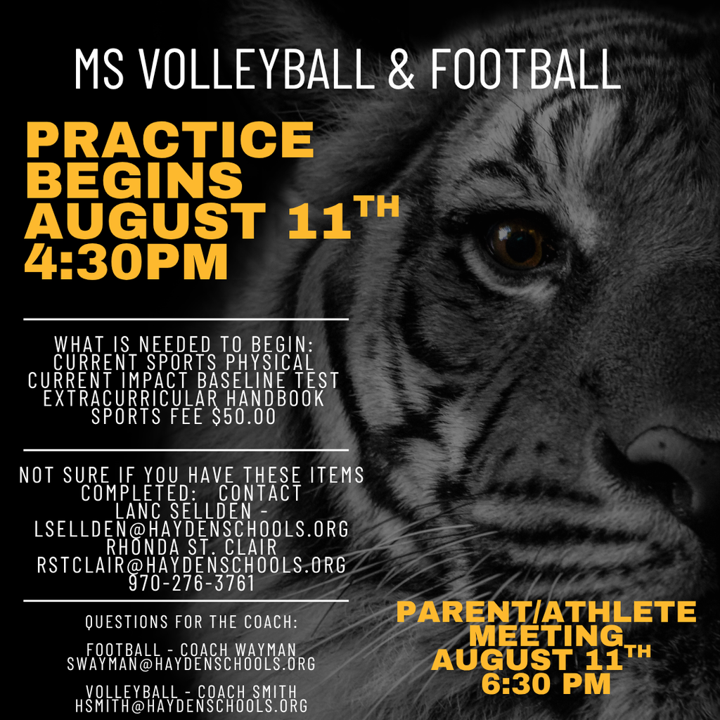 MS Sports begins August 11th at 4:30 pm - Parent/Athlete meeting 6:30 pm
