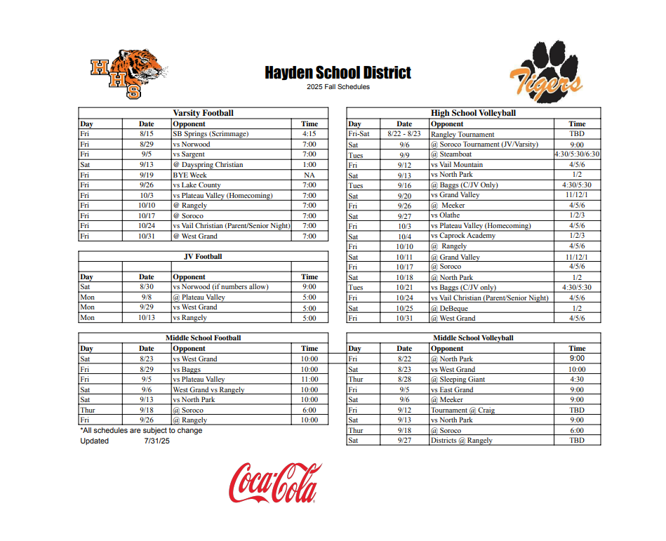 Fall Sports Schedule