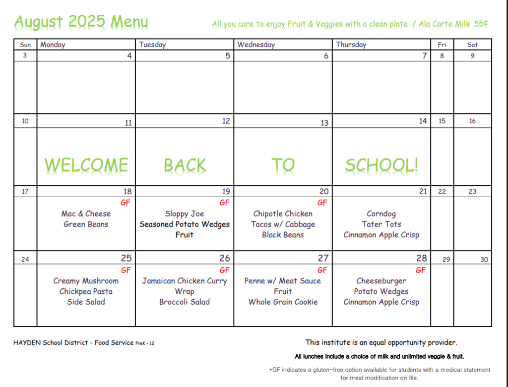 August Lunch Menu - PDF Link as well